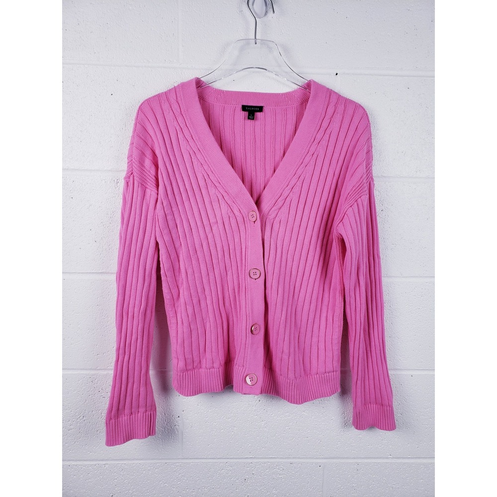 Talbots Cardigan Pink Ribbed Knit Button Front V-Neck Round Neck SizeLarge